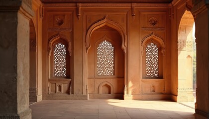 Fototapeta premium Interior view of Indian historical building with ornate arched windows and sandstone walls. Sunlight streams into empty room illuminating intricate carvings and geometric patterns on jali screens.