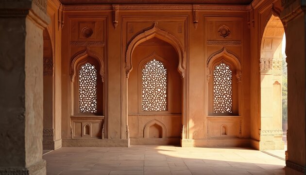 Interior view of Indian historical building with ornate arched windows and sandstone walls. Sunlight streams into empty room illuminating intricate carvings and geometric patterns on jali screens.