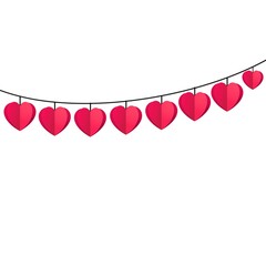 Obraz premium Simple Red Flat Heart Bunting Flags Hanging on Strings, Minimalist Valentine's Day Garland Decoration, Cute Love Symbol for Romantic Party Background or Greeting Card Isolated on White