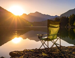 Scenic golden hour shot with a lake, chair, mountains and sun