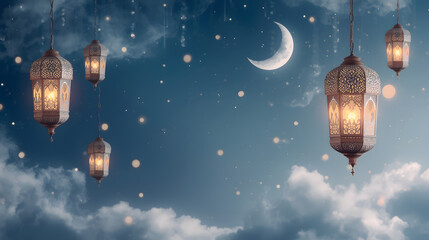 Obraz premium Glowing Islamic Lanterns with Crescent Moon in Night Sky