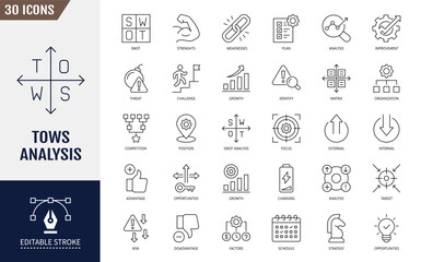 TOWS Analysis icon set. Strategy, business, management, swot, strength, weakness and more. Editable stroke. Vector illustration