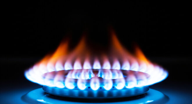 Blue and orange flames burning on a gas stove burner against a dark background with a blue base with fire and cooking and kitchen and energy - Powered by Adobe