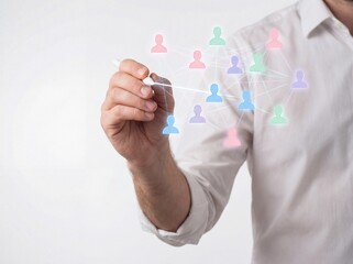 Businessman interacting with digital network of people icons using a white stylus on virtual screen