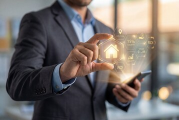 Businessman analyzing real estate investment data on smartphone with futuristic holographic house
