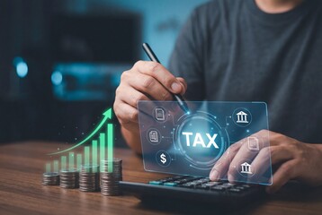 Businessman calculating tax on digital interface with rising financial graph and stacked coins on desk