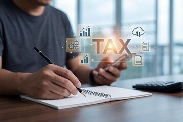 Man calculating taxes with smartphone and pencil with glowing digital financial interface