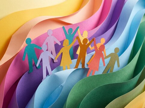 Colorful paper figures holding hands on wavy rainbow layers representing diversity and unity