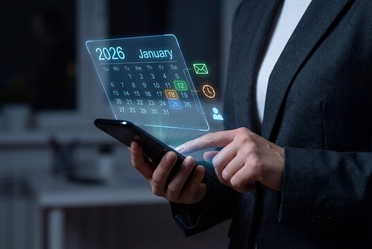 Businesswoman using smartphone with holographic january 2026 calendar and digital schedule interface - Powered by Adobe