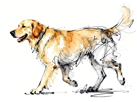 Minimalist abstract sketch series : happy golden retriever, isolated studio portrait of a canine pet in pure white background 007