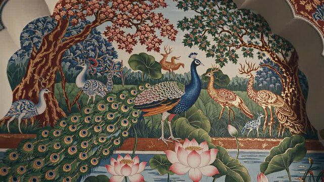 Elegant Ornate Mughal Pichwai Art Illustration featuring Intricate Floral Pattern and Traditional Indian Design for Luxury Wallpaper Aesthetic Cultural Heritage Background