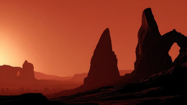 Red desert plateau with wind-carved rocky hoodoos under an orange sky