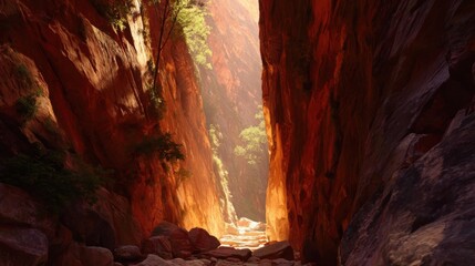 Sunlight illuminates the towering red rock formations within a remote desert canyon, creating a breathtaking natural vista.