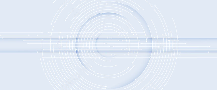 Futuristic technology background with white circle circuit wires with text block on light blue motherboard. AI chip or semiconductor concept. Abstract tech bg. Web banner. Digital vector illustration.