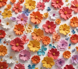 Fototapeta premium Paper flowers with colorful petals on a white background, floral wreath , green leaves