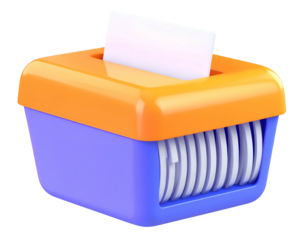 A colorful, cartoon shredder with a sheet of white paper inserted