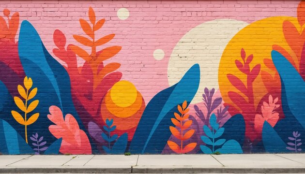 Colorful abstract floral mural painted on brick wall, vibrant leaves and sun shapes create a lively urban art piece. This bright design covers building facade with decorative plant patterns.