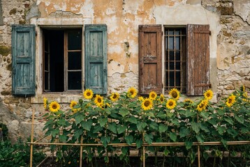 Bright yellow sunflowers blooming in front of an aged rustic wall with blue and brown wooden shutters