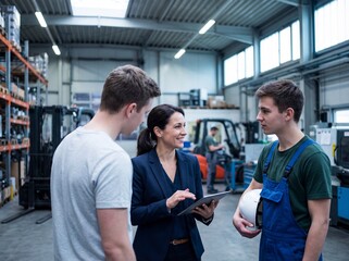 Female supervisor using tablet to instruct two male workers in busy industrial warehouse