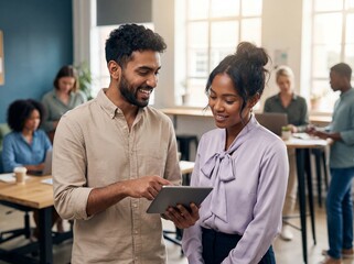 Smiling diverse business team discussing project on tablet computer standing in corporate workplace