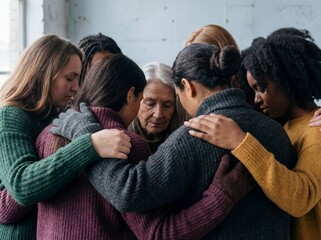 Diverse group of women embracing in a tight circle to show solidarity and deep emotional support