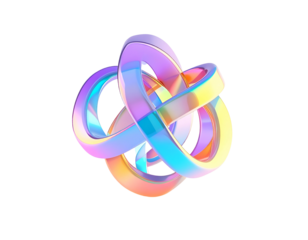 Glossy, interconnected, iridescent rings float on a black background