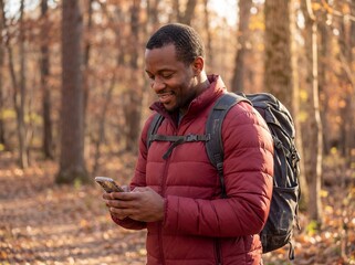 Cheerful african american hiker checking route on phone while standing in autumn woods