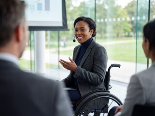 Confident african american businesswoman in wheelchair giving presentation with headset in office