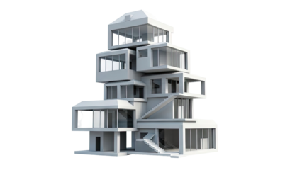 Modern Architectural Model with Stacked Rectangular Sections and Glass Facades