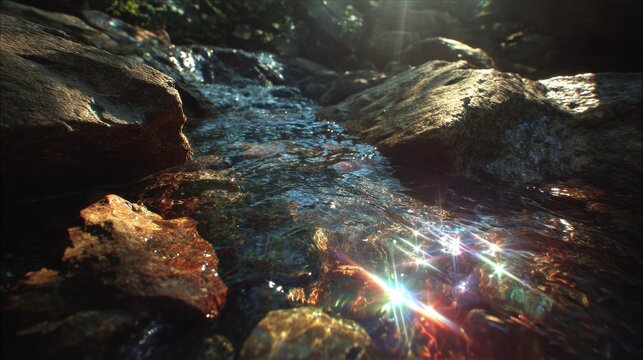 Sparkling Water Flowing Over Rocks in a Lush Natural Setting