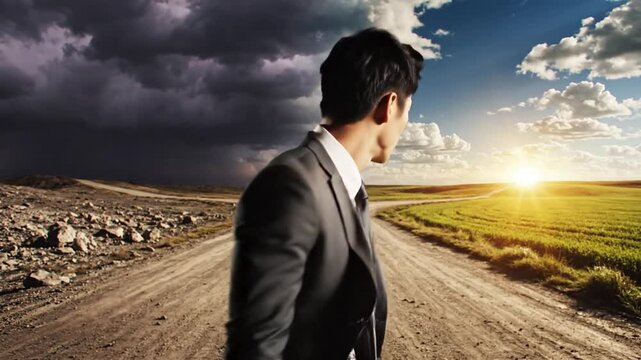 Cinematic slow motion footage of a professional businessman standing at a metaphorical crossroads making a moral choice between right and wrong paths in a dramatic atmospheric setting