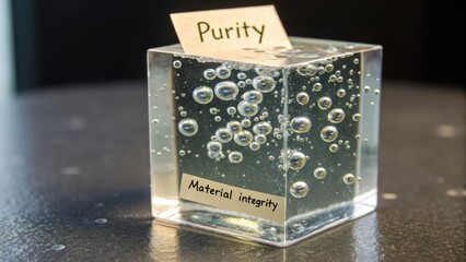Transparent cube with bubbles representing purity and material integrity in a modern scientific context