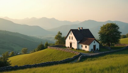 Obraz premium White farmhouse sits on green hill. Stone walls border property. Mountains rise in background. Gentle slopes show valley floor. Warm sun lights landscape.