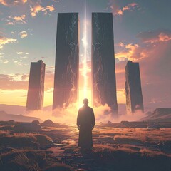 Silhouette stands before pillars, emitting light. Sunset over otherworldly landscape