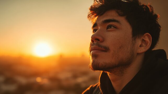 Young Handsome Hispanic Man Daydreaming Thoughtfully at Sunset with a Warm Glowing Sky