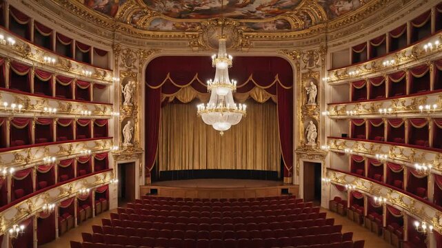 Luxurious theater interior with gilded details, plush red seating, and a magnificent crystal chandelier illuminating the stage and opulent architecture.