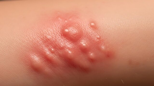 A close-up view of a skin lesion with red bumps and blisters