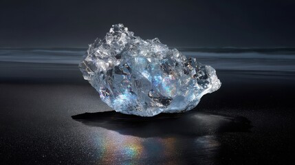 A Solitary, Perfectly Formed Ice Sculpture with Prismatic Light Refractions on a Dark Surface