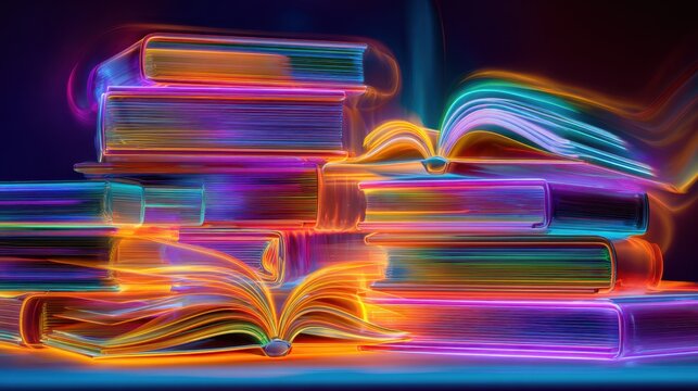 The image depicts a stack of books with their pages illuminated by vibrant, multicolored light trails, creating a glowing, surreal effect