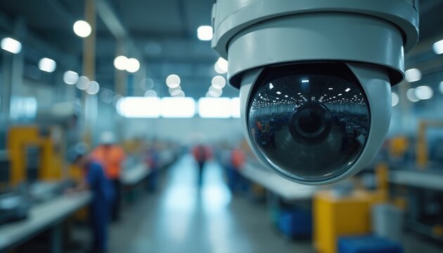 CCTV camera monitors factory operations. Workers move around machinery on production floor. Industrial security system observes manufacturing process. Modern technology ensures workplace safety,