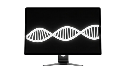 Computer monitor displaying a glowing white DNA helix on a black screen