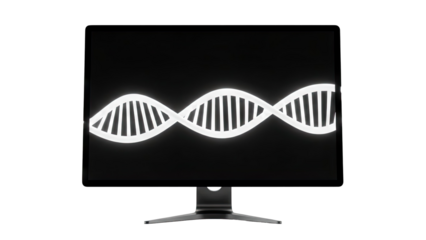 Computer monitor displaying a glowing white DNA helix on a black screen