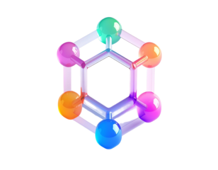 3D render of a hexagonal structure with colorful spheres on a black background