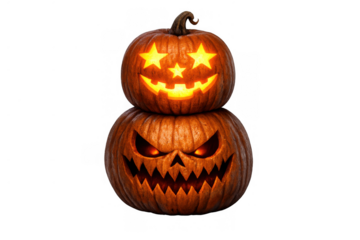 Stacked halloween jack-o'-lanterns showing different carved glowing faces, one happy with stars, one spooky