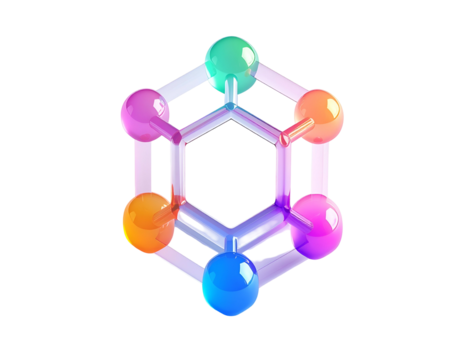 3D render of a hexagonal structure with colorful spheres on a black background - Powered by Adobe