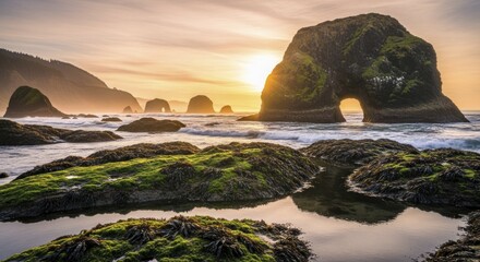 Majestic sea stacks rise from ocean waves during a soft golden hour sunset