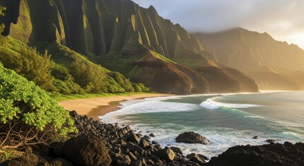 Dramatic coastal landscape features towering green cliffs meeting a secluded beach at sunrise or sunset.