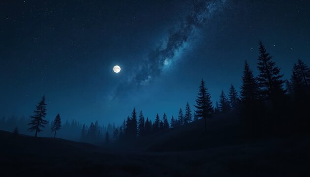 Full moon shines in starry night sky over dark pine forest. Milky Way galaxy streaking across deep blue expanse. Misty landscape below, remote wilderness feel.