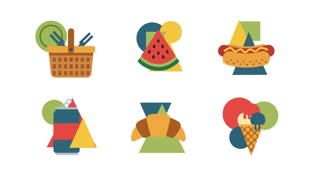 Geometric food icons set picnic basket watermelon hotdog soda croissant ice cream
