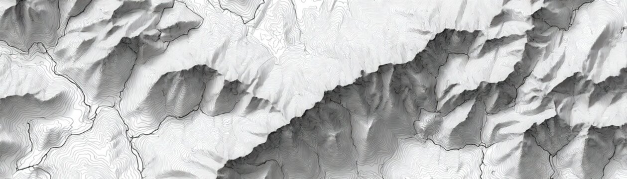 A black and white topographic map showing detailed elevations and contours of mountainous terrain.